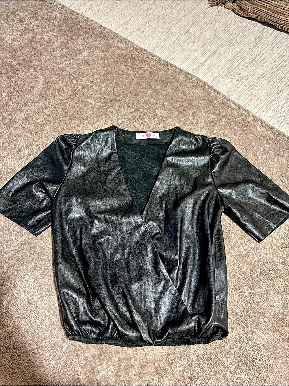 Buddy Love Houston Puff Sleeve Faux Leather Top Black